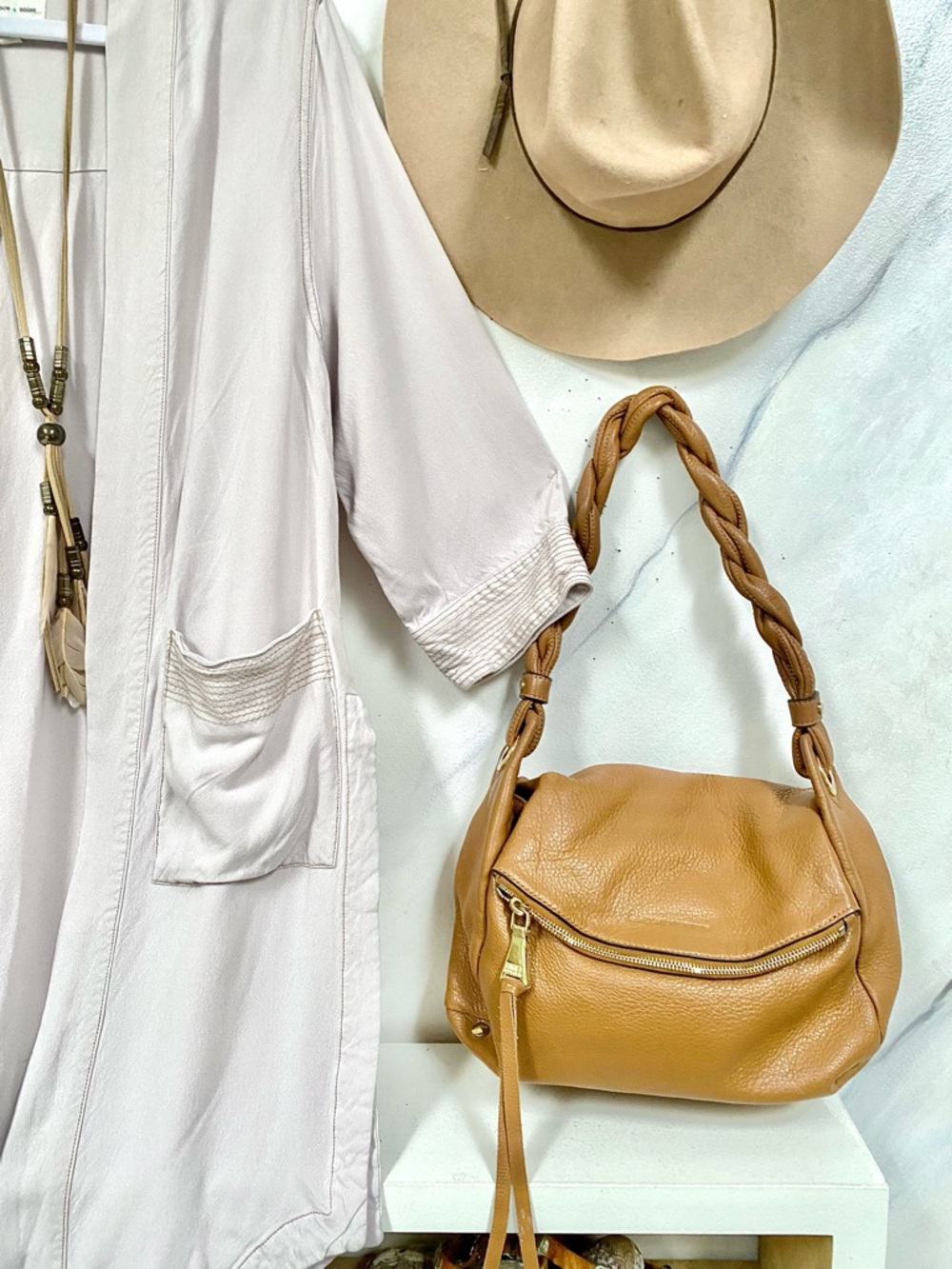 AIMEE KESTENBERG Braided Handle Tan Leather Shoulder Bag
